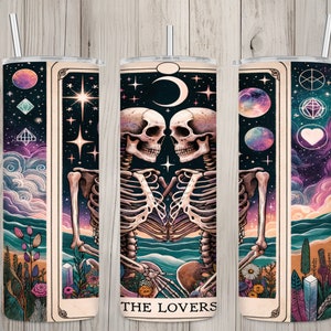 Naadloos The Lovers-skeletten tarotkaartontwerp, boho 20 oz mager rechte beker sublimatieontwerp, beker wrap, png digitale download