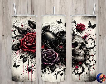 Seamless Grunge Goth Skull Heart & Roses Design, Skull 20 oz Skinny Straight Tumbler Sublimation Design, Tumbler Wrap, PNG Digital Download