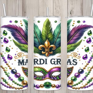 Seamless Mardi Gras Jewel Mask & Bead Design, Mardi Gras 20oz Skinny Straight Tumbler Sublimation Design, Tumbler Wrap, PNG Digital Download