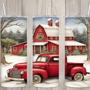 Seamless Vintage Red Truck & Barn Design, Christmas 20 oz Skinny Straight Tumbler Sublimation Design, Tumbler Wrap, PNG Digital Download