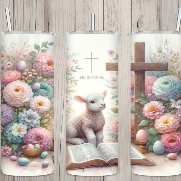 Seamless He Is Risen Bible & Lamb Floral Design, Easter 20 oz Skinny Straight Tumbler Sublimation Design, Tumbler Wrap, PNG Digital Download