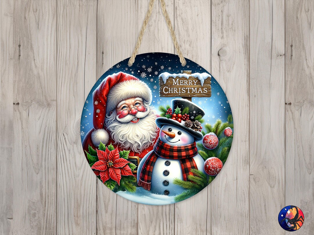Merry Christmas Santa Snowman Sign Round Door Hanger Design, Christmas ...