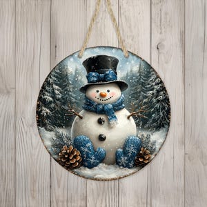Cartello rotondo da appendere alla porta con pupazzo di neve blu vintage Winter Wonderland, design di sublimazione natalizio da 12 pollici, cartello rotondo, download digitale PNG