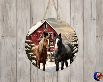 Country Christmas & Horses Sign Round Door Hanger Design, Christmas 12 inch Sublimation Design, Sign Round, PNG File, Digital Download