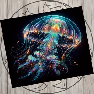 May include: A vibrant, iridescent jellyfish with long, flowing tentacles. The jellyfish is illuminated with a rainbow of colours, creating a mesmerising and ethereal effect.