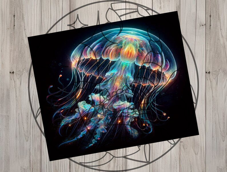 May include: A vibrant, iridescent jellyfish with long, flowing tentacles. The jellyfish is illuminated with a rainbow of colours, creating a mesmerising and ethereal effect.