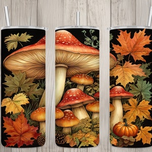 Nahtlose Vintage Herbst Pilze & Blätter Design, Herbst 20 oz Skinny Straight Tumbler Sublimation Design, Tumbler Wrap, PNG Digital Download