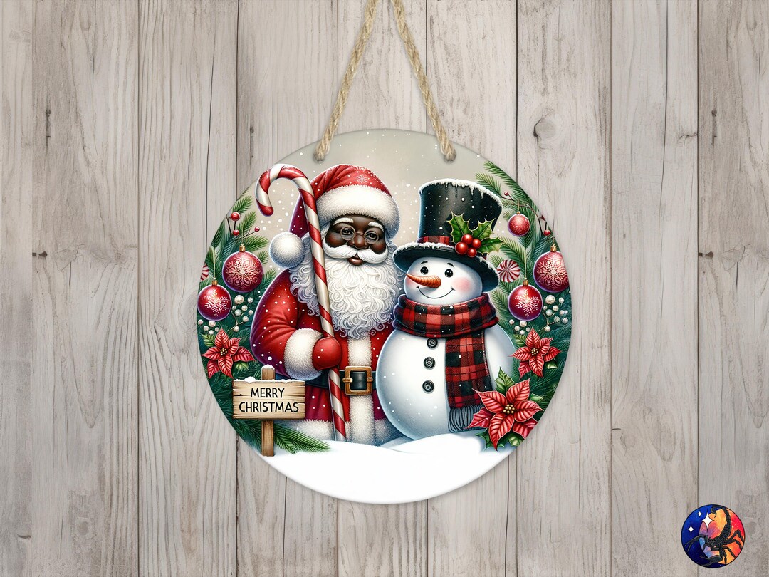 Merry Christmas Black Santa Snowman Sign Round Door Hanger Design ...