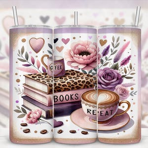 コーヒーブックス リピート ガーリーフローラル ヒョウ柄 ブックラバーデザイン、シームレス 20 オンス スキニーストレートタンブラー昇華ラップ、PNG デジタルダウンロード