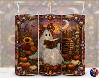 Preppy Coquette Lace Ghost Bookish Fall Stained Glass Tumbler Wrap, Seamless 20 oz Skinny Straight Sublimation Design, PNG Digital Download