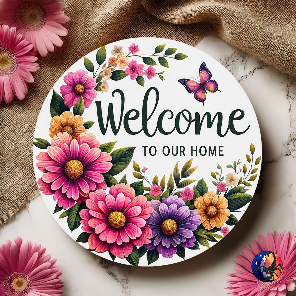 Welcome to Our Home Spring Floral Butterfly Door Hanger Design, 12 Inch ...