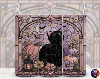 Preppy Black Cat Glam Pastel Halloween Stained Glass Tumbler Wrap, Seamless 20 oz Skinny Straight Sublimation Design, PNG Digital Download