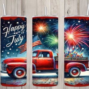 Seamless Happy 4th of July Vintage Red Truck Design, USA 20oz Skinny Straight Tumbler Sublimation Design, Tumbler Wrap, PNG Digital Download