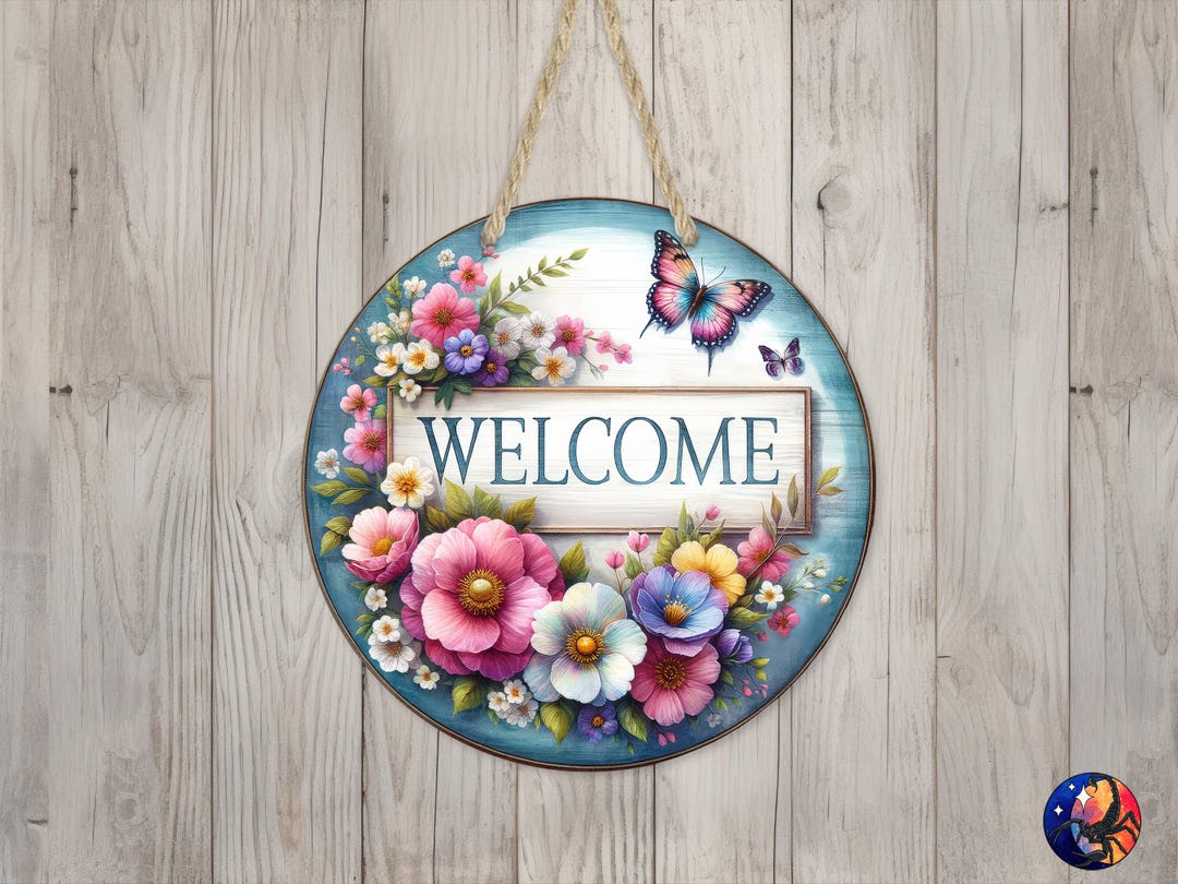 Welcome Spring Flowers & Butterfly Sign Round Door Hanger Design ...