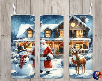 Seamless Santa Snowman & Reindeer Design, Christmas 20 oz Skinny Straight Tumbler Sublimation Design, Tumbler Wrap, PNG Digital Download