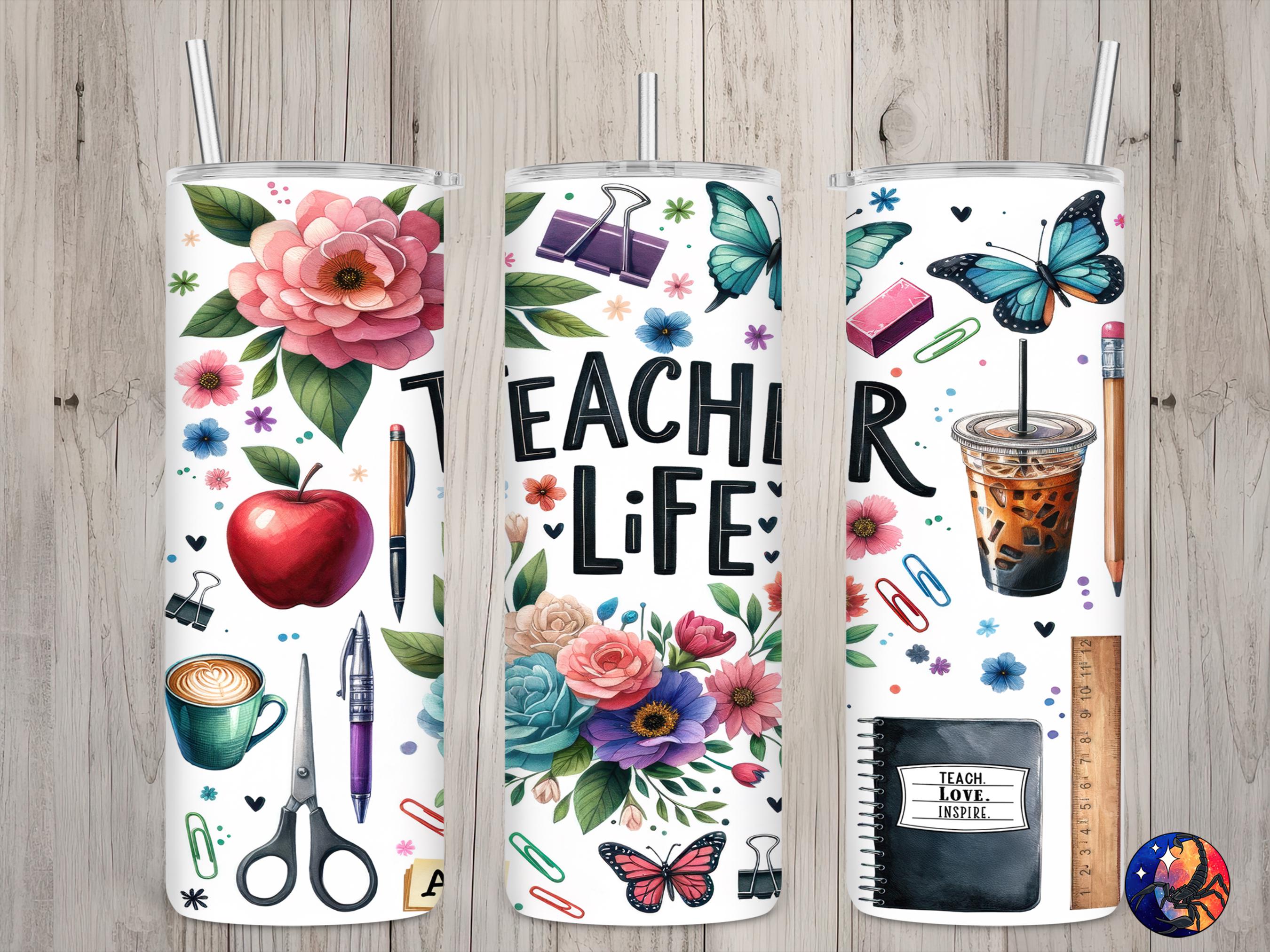 Seamless Teacher Life Teach Love Inspire Design, Teacher 20oz Skinny Straight Tumbler Sublimation Design, Tumbler Wrap, PNG Digital Download