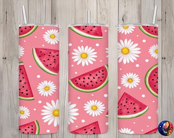 Seamless Cute Watermelon Daisy & Polka Dot Design, Watermelon 20 oz Skinny Straight Tumbler Sublimation, Tumbler Wrap, PNG Digital Download