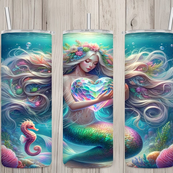 Seamless Beautiful Mermaid & Gem Heart Design, Mermaid 20 oz Skinny Straight Tumbler Sublimation Design, Tumbler Wrap, PNG Digital Download