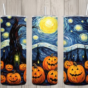 Diseño de Jack-O-Lanterns de Noche Estrellada sin costuras, diseño de sublimación para vaso recto delgado de 20 oz de Halloween, envoltura para vaso, descarga digital PNG