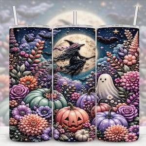 3D Flying Witch Celestial Pumpkin Patch Halloween Tumbler Wrap, Seamless 20 oz Skinny Straight Sublimation Design, PNG Digital Download