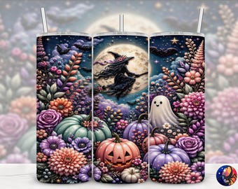 3D Flying Witch Celestial Pumpkin Patch Halloween Tumbler Wrap, Seamless 20 oz Skinny Straight Sublimation Design, PNG Digital Download