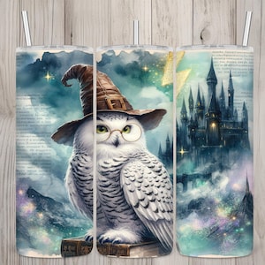 Seamless Fantasy Wizard Owl & Magic Academy Book Lover Design, Books 20 oz Skinny Straight Tumbler Sublimation Wrap, PNG Digital Download