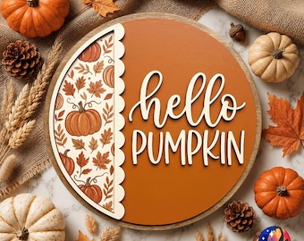 Hello Pumpkin Fall Folk Art Toile Door Hanger PNG, Autumn, Rustic Farmhouse, 12 inch Round Sign Sublimation Design, UV DTF, Digital Download