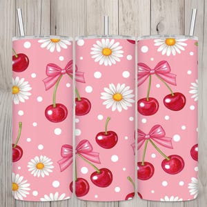 Seamless Cute Cherry Coquette Bow & Daisy Design, Cherry 20oz Skinny Straight Tumbler Sublimation Design, Tumbler Wrap, PNG Digital Download