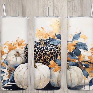 Seamless Leopard Print & White Pumpkins Design, Fall 20 oz Skinny Straight Tumbler Sublimation Design, Tumbler Wrap, PNG Digital Download