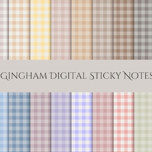 Puede incluir: Una colección de 20 notas adhesivas digitales con un patrón de cuadros vichy en varios colores, incluyendo beige, amarillo, rosa, azul y verde. El texto "20 GINGHAM DIGITAL STICKY NOTES" se muestra en el centro de la imagen.