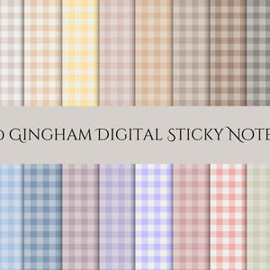 May include: A collection of 20 digital sticky notes featuring a gingham pattern in various pastel colors, including pink, blue, yellow, and green. The text "20 GINGHAM DIGITAL STICKY NOTES" is displayed across the center.
