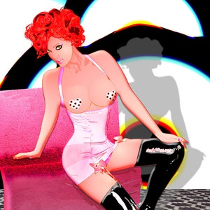 Redhead in Pink Latex, Pasties and Boots, Sexy Lingerie Illustration – Retro Pop Art Poster – Bold Feminine Digital Artwork Home Decor