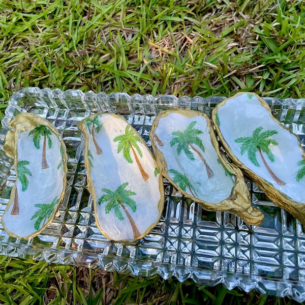 Green Palm Tree Oyster Shell Dishes. Perfect Jewelry or Trinket dish. Gift boxed! Ideal Birthday, Wedding, or Housewarming gift!