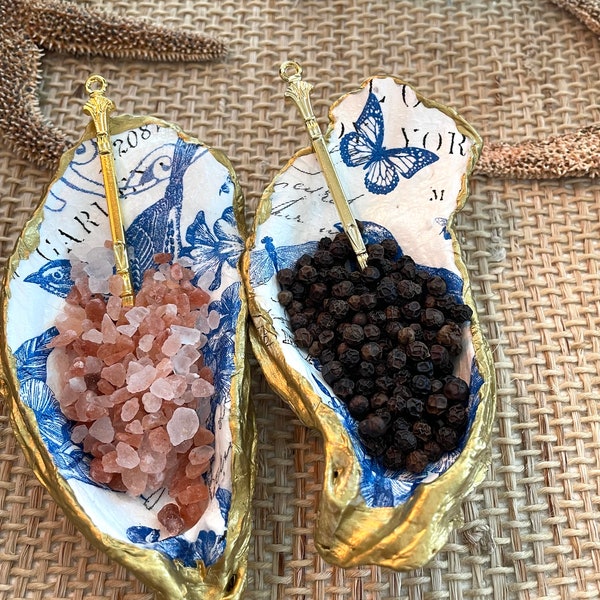 Blue and White birds and butterfly set of 2 oyster shells salt & pepper dish with 2 tiny gold spoons and gift boxed! gorgeous and unique.