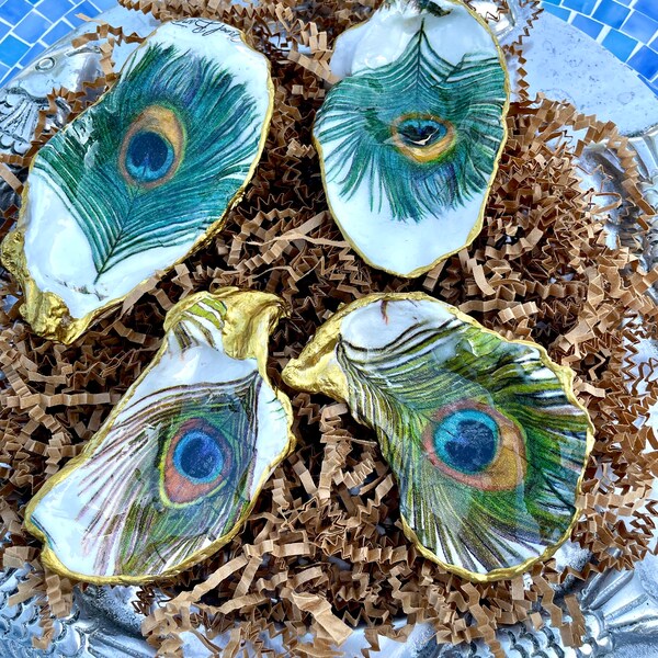 Teal Peacock feathered Oyster Shell Dishes. Perfect Jewelry or Trinket dish. Gift boxed! Ideal Christmas, Birthday or Wedding gift!