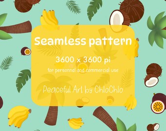 Tropical Paradise Stunning Turquoise Seamless Pattern ft. Bananas Coconuts Passion Fruits Palm Trees  and Leaves Summer Tropical Theme