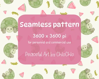 Cute Turtle and Watermelon Seamless Pattern on Eggshell Background for Digital Paper or Fabric