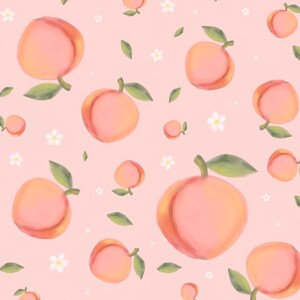 May include: A seamless pattern featuring pink peaches and white flowers on a light pink background. The peaches are drawn in a watercolor style and have a soft, fuzzy texture.