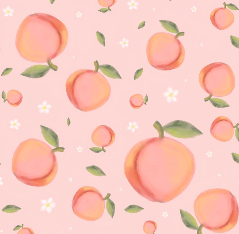 May include: A seamless pattern featuring pink peaches and white flowers on a light pink background. The peaches are drawn in a watercolor style and have a soft, fuzzy texture.