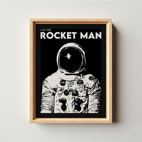 Rocket Man Poster 18x24 | Astronaut Figur | Apollo Rocket | Nasa Poster Wall Art | Astronaut Poster | Exoplanet Liminal Space White Ink