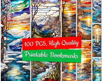 100 Pcs Printable Stained Glass Bookmark Bundle Stained Glass Bookmark Templates Set Digital Stained Glass Nature Landscape Bookmark Designs