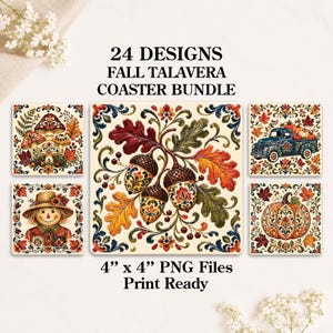 Pode incluir: Um pacote digital de 24 designs quadrados de porta-copos com padrões de outono em estilo Talavera. As imagens exibem bolotas, cogumelos, um espantalho, uma abóbora e um caminhão, todos decorados com motivos florais intrincados em formato PNG.