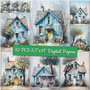 Whimsical House Art Pages Cute House Digital Sublimation Designs Mixed Media Old Houses  Digital Papers Rustic Grunge Junk Journal Papers