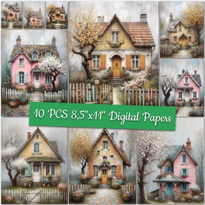 Whimsical House Art Pages Cute House Digital Sublimation Designs Mixed Media Old Houses  Digital Papers Rustic Grunge Junk Journal Papers
