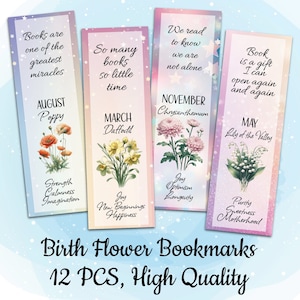 Op de afbeelding: Set van 12 kleurrijke bladwijzers met geboortemaandsbloemen en inspirerende citaten. Elke bladwijzer heeft een bloemenillustratie, de maand, de naam van de bloem en een citaat over boeken en lezen. De bladwijzers zijn ontworpen met een pastelkleurige achtergrond en sterren.