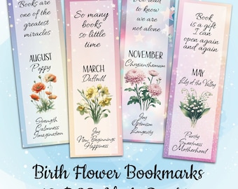 Plantillas digitales de marcapáginas con flores de nacimiento, set de marcapáginas imprimible con citas de libros, paquete de marcapáginas florales digitales para mujeres, diseños de flores de nacimiento