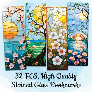 May include: Four stained glass bookmarks with nature scenes. Each bookmark features a different design: a sunset over water, a tree with a yellow sun, white flowers, and a sunset over water with pink flowers. The text at the bottom reads "32 PCS, High Quality Stained Glass Bookmarks."