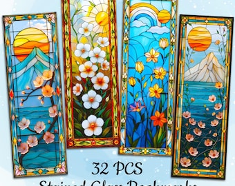 Stained Glass Bookmark PNG Bundle, Printable Floral Bookmark Designs, Digital Download