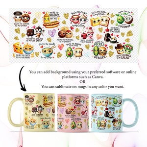 May include: A collection of mugs featuring food-themed illustrations with phrases like "You're the coffee to my donut." The mugs are in various colors, including yellow, pink, and blue, and are decorated with cute food characters.