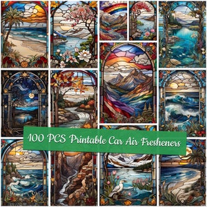 May include: 100 printable car air fresheners featuring stained glass designs of various landscapes, including seascapes, mountains, and forests.